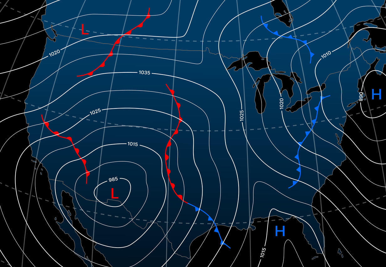 a radar showing weather fronts with low and high pressure readings