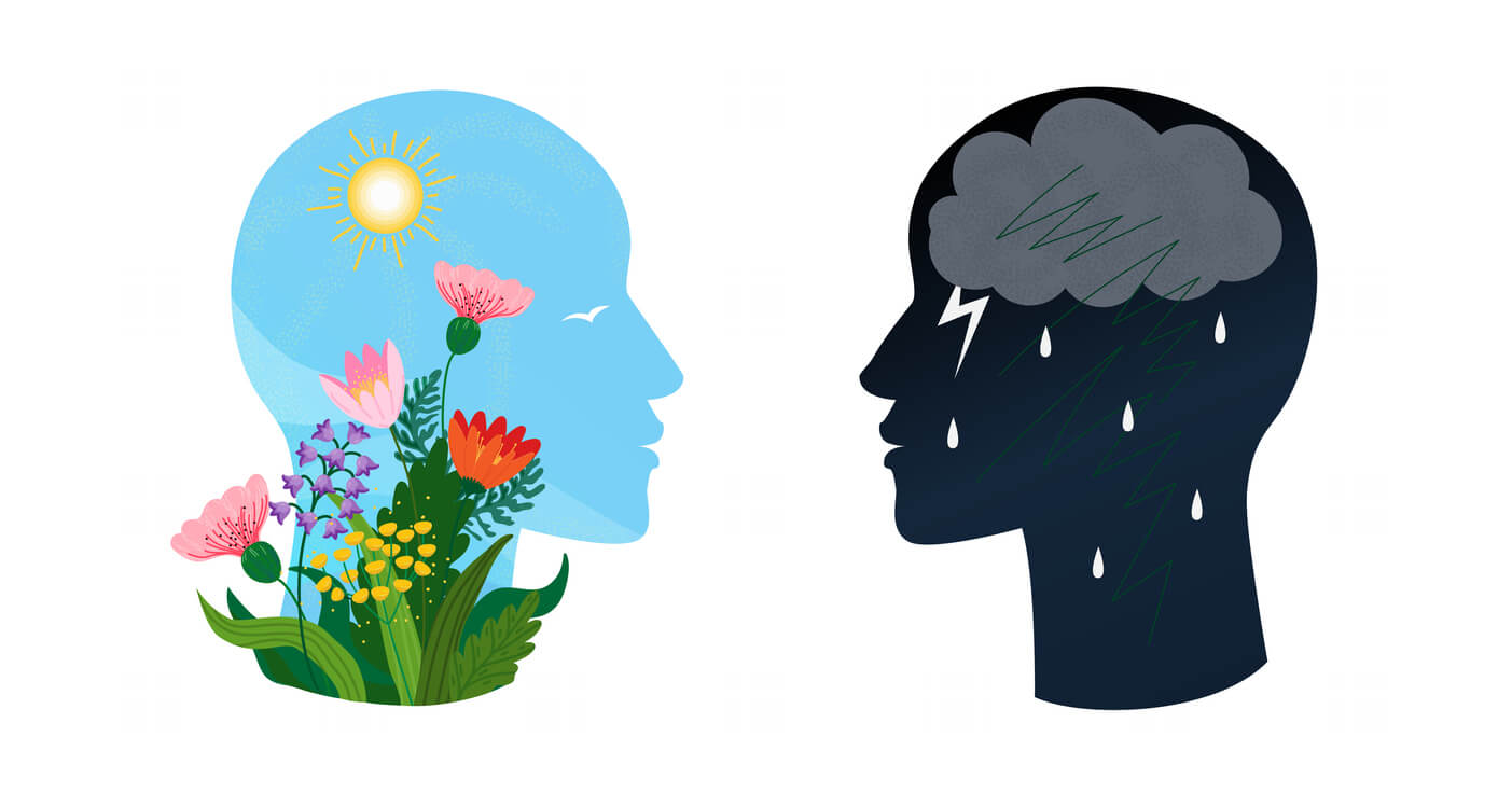 two head silhouettes representing how a sunny and stormy day can affect one's mental health