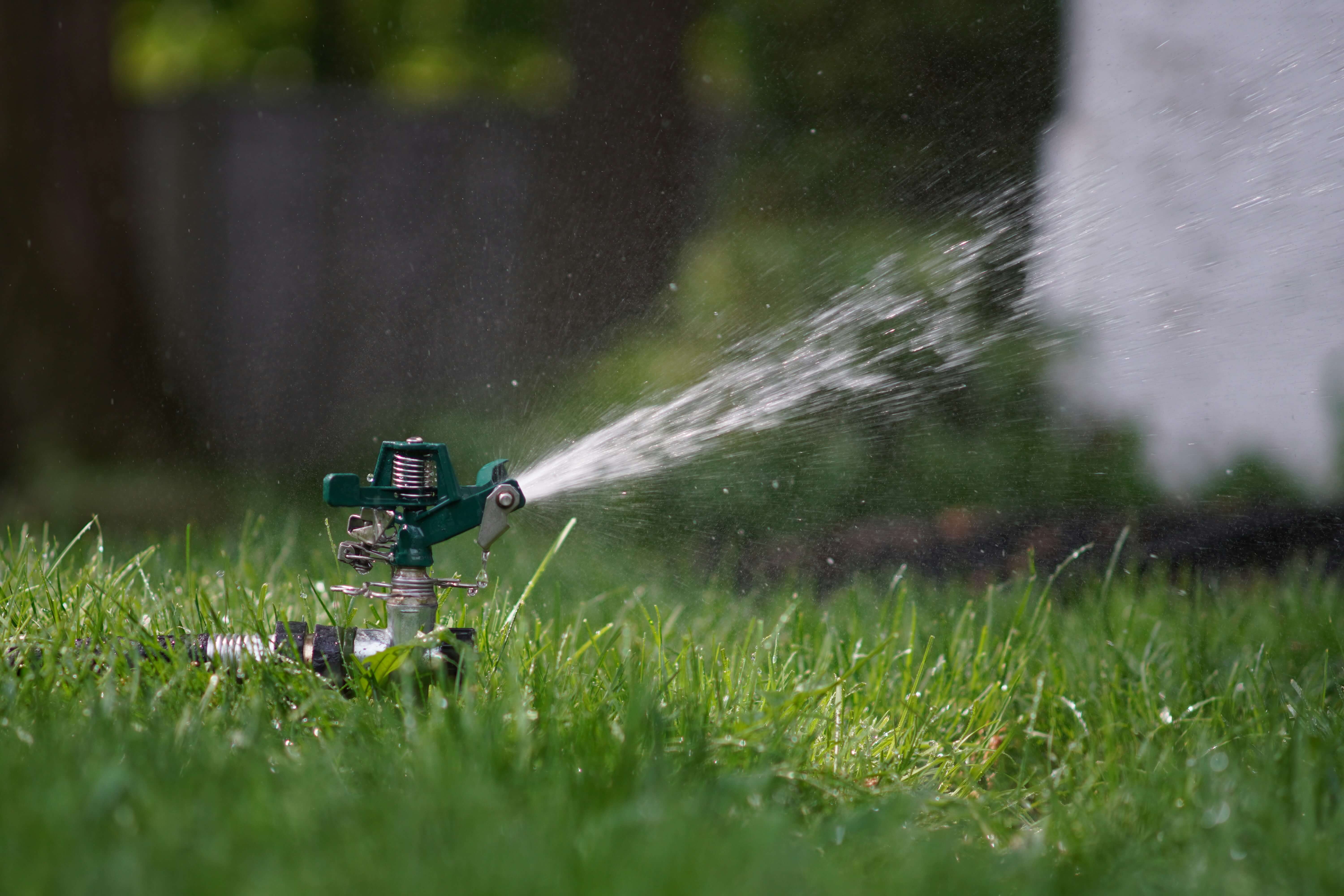 an above ground sprinkler watering a green lawn