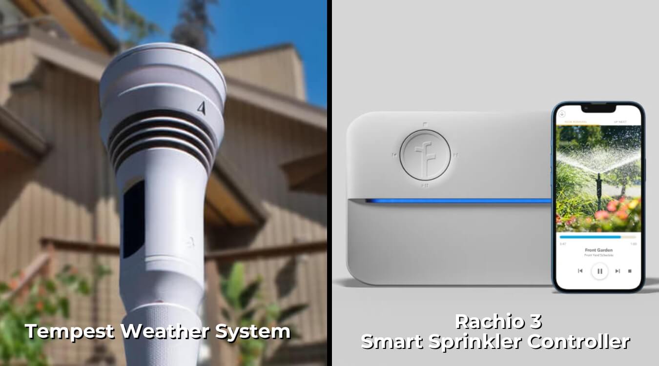 the tempest weather system next to the rachio 3 smart sprinkler controller